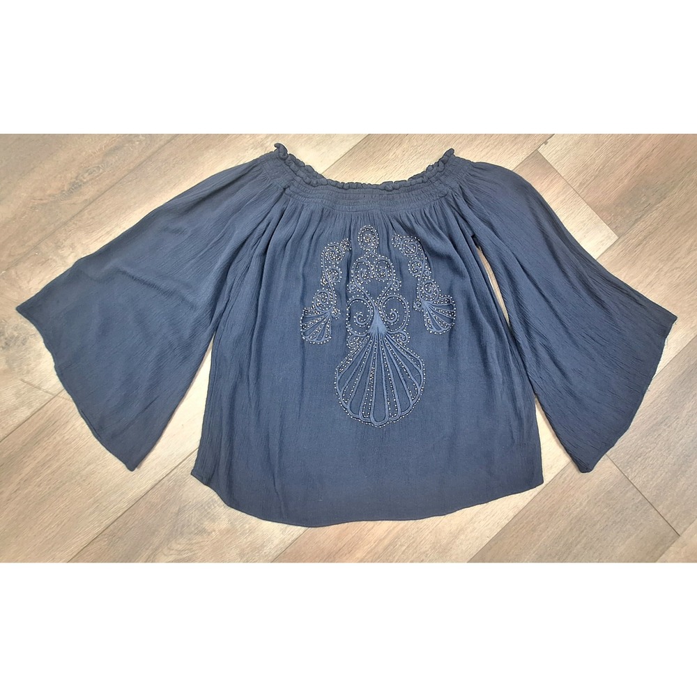 Lilly Pulitzer‎ Navy Blue Beaded Shell Off the Shoulder Bell Sleeve Top XS